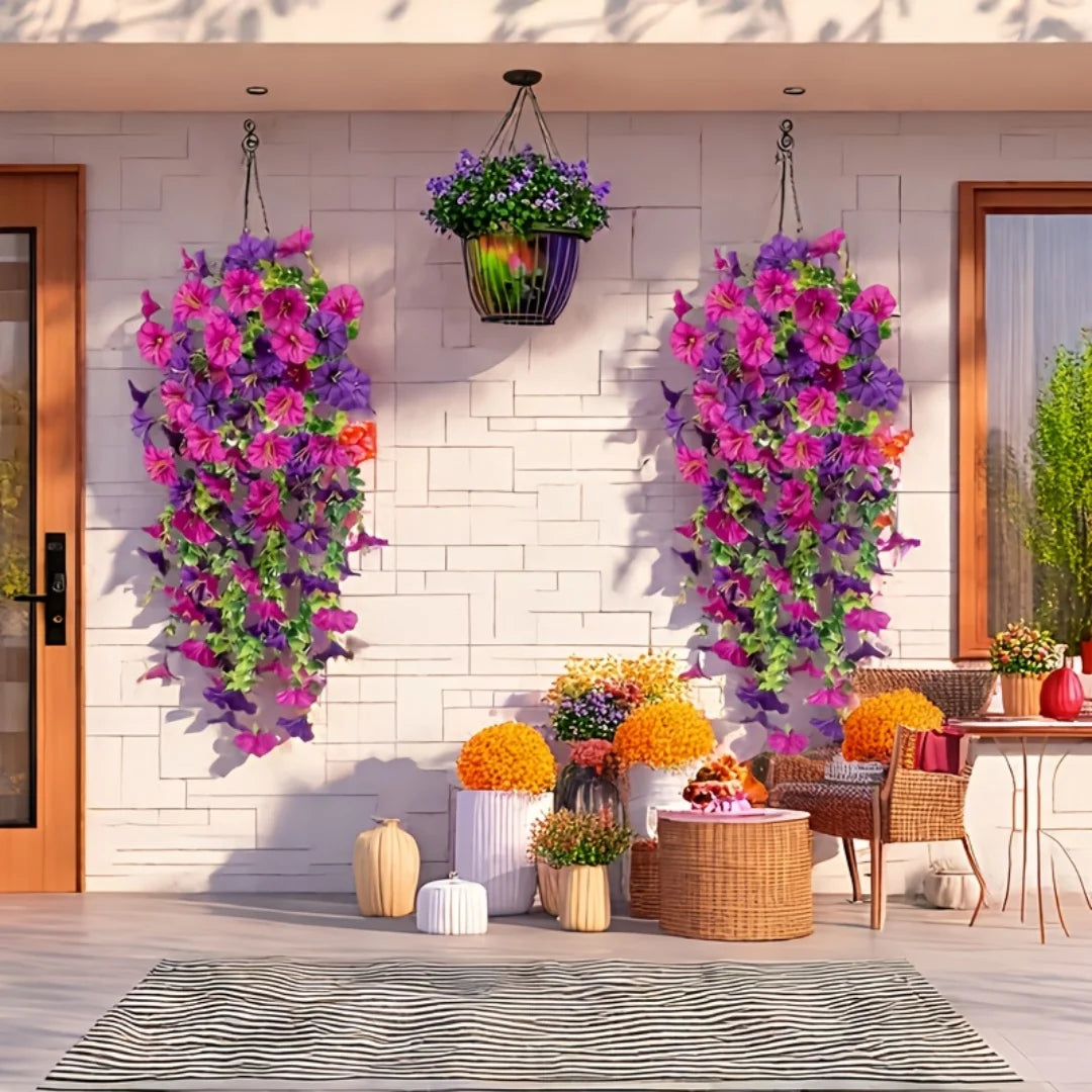 Arreglo vertical de flores artificiales moradas y rosas que caen de una maceta colgante contra un muro de ladrillo blanco