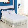 White bed skirt with intricate lace and elastic band on a white bed frame.