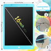 A blue LCD writing tablet showing a diagonal line and three inset images demonstrating its use with a stylus pen.