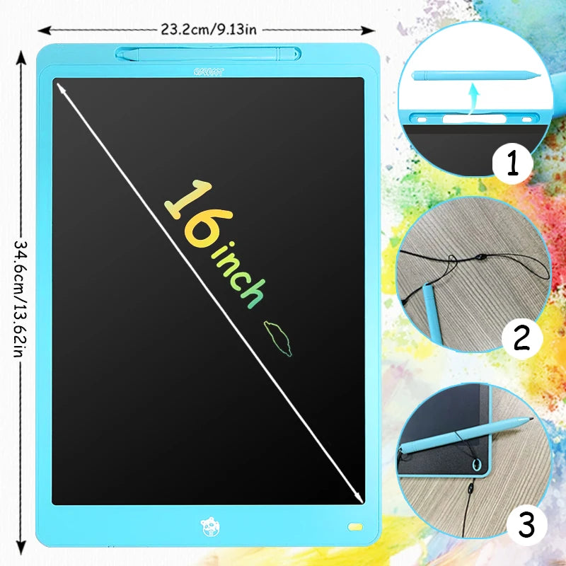 A blue LCD writing tablet showing a diagonal line and three inset images demonstrating its use with a stylus pen.