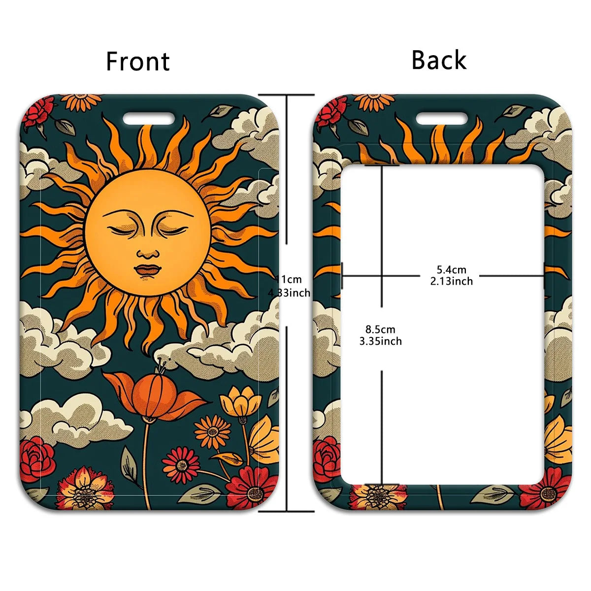 Front and back views of a dark teal lanyard featuring a sun design on the front and a blank ID badge holder on the back