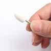 A hand holds a white wool felt polishing wheel with a metal shank for rotary tools.