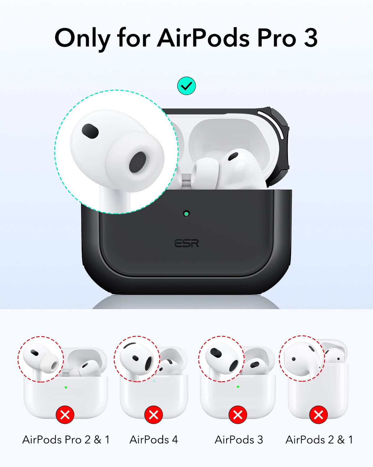 A black case for AirPods Pro 3 with a secure magnetic lock and drop protection features shown.
