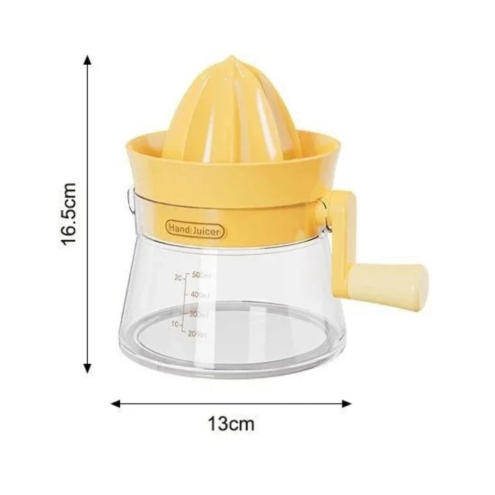 Yellow manual citrus juicer with a clear glass press and rotating top