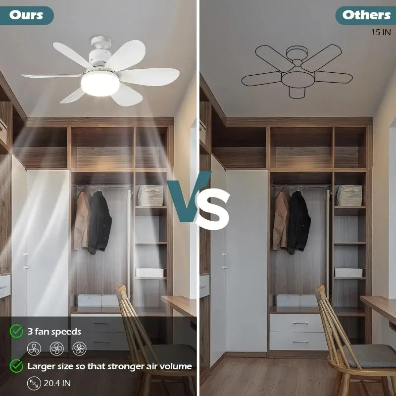 Comparación de un ventilador de techo moderno con luz LED y control remoto frente a otro modelo.