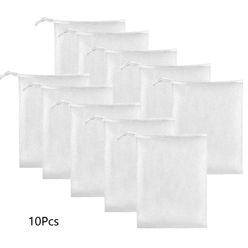 A set of ten white exfoliating soap net bags with hanging loops.