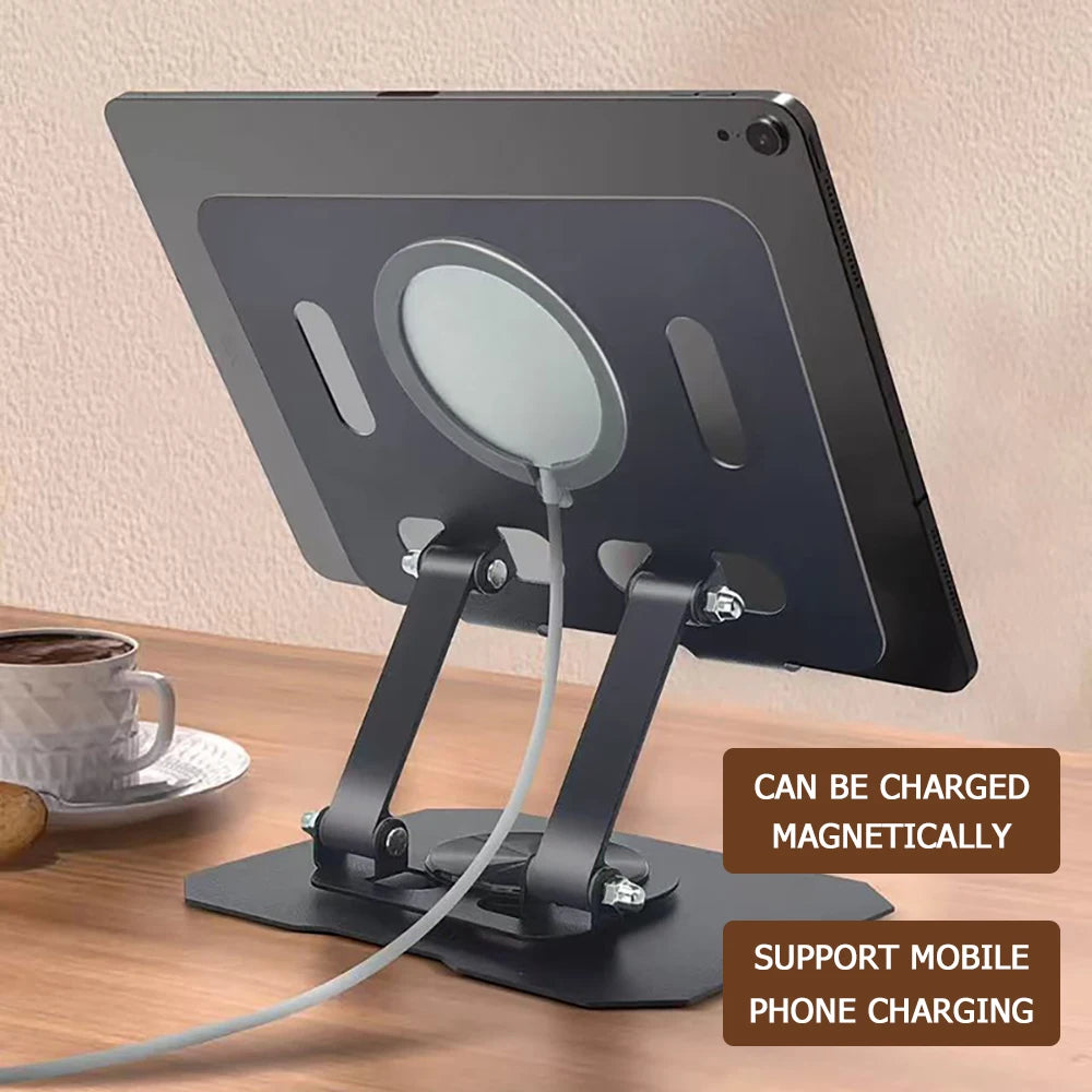 A black tablet stand with a rotating mount for phones and tablets, designed to support mobile phone charging.