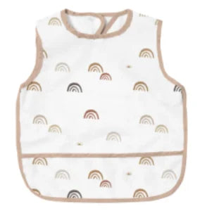 White waterproof full-body baby feeding bib with a sleeveless design featuring rainbow patterns