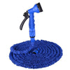 Blue expandable magic hose with a black spray nozzle and a blue foam cleaning head.
