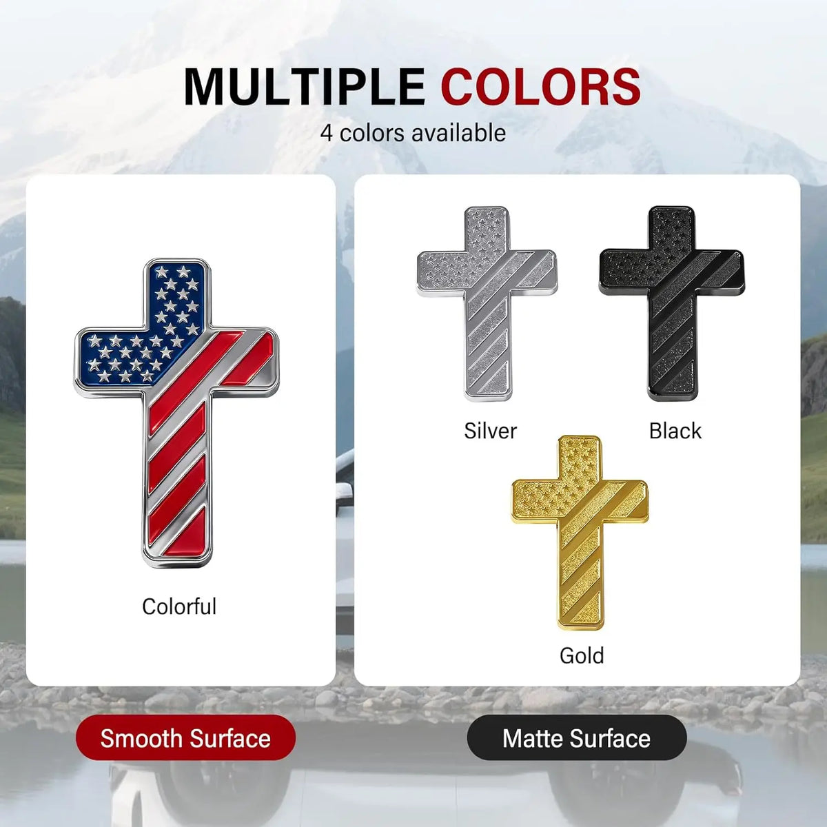 Multiple colors of 3D USA flag cross emblems available in silver, black, and gold finishes for car decals