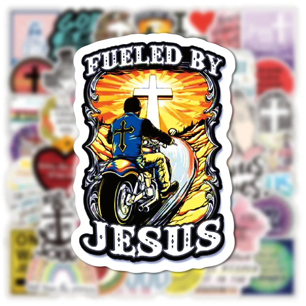 A sticker featuring a silhouette of a person riding a motorcycle, fueled by Jesus, set against an orange and yellow backgroun