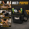 A black multi-purpose tool pouch with multiple pockets and an adjustable waist belt shown next to tools for carpenters, elect