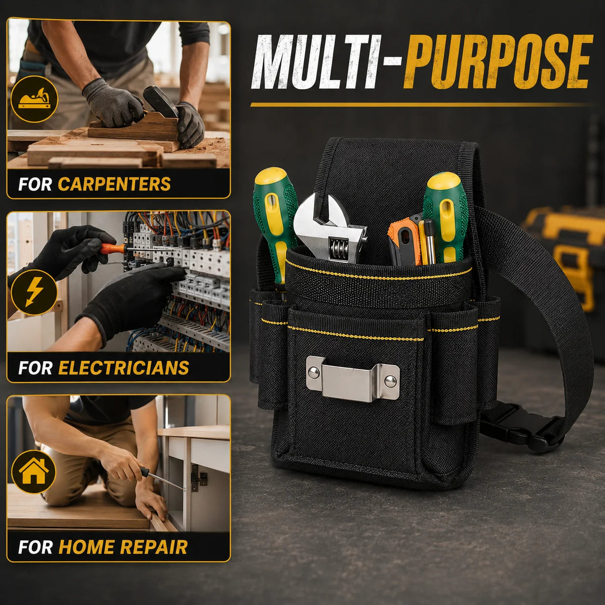 A black multi-purpose tool pouch with multiple pockets and an adjustable waist belt shown next to tools for carpenters, elect