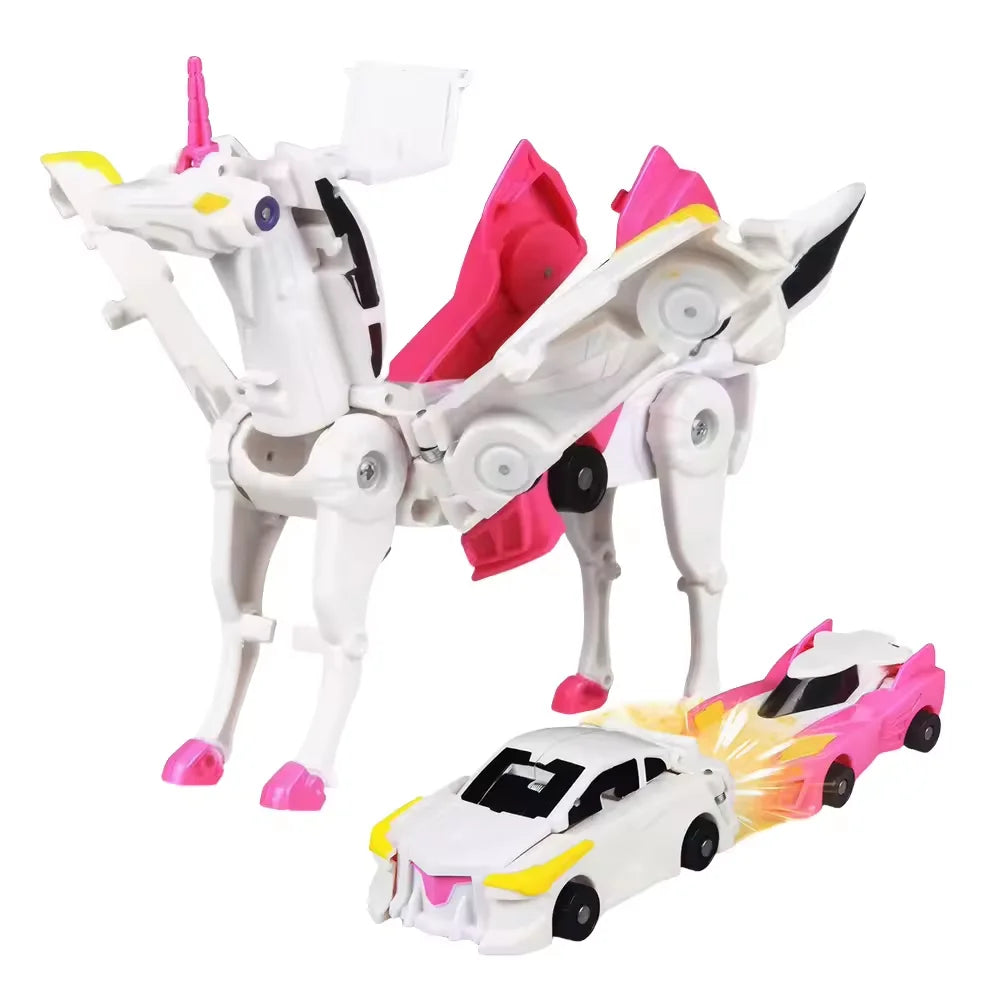 A white unicorn toy transforms into a pink car toy for children.