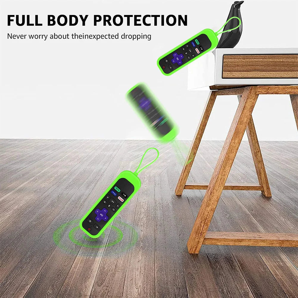 A glow-in-the-dark silicone remote control cover is shown protecting a TV remote, demonstrating full body protection.