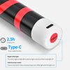 A black and red rechargeable LED camping lantern with a white base showing Type-C charging port and power button.