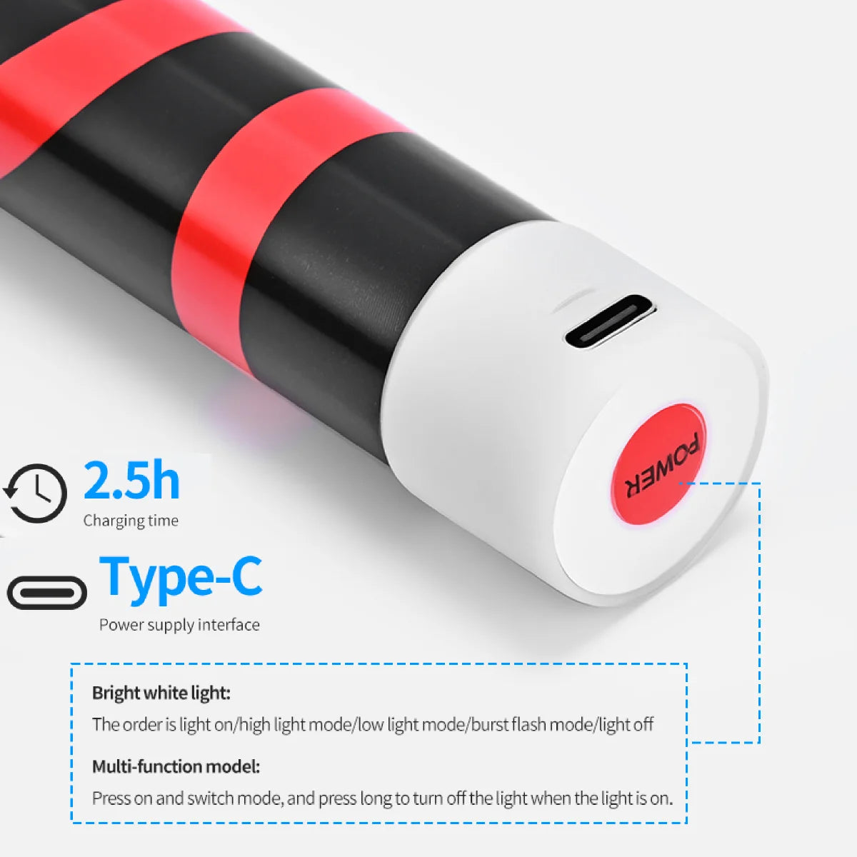 A black and red rechargeable LED camping lantern with a white base showing Type-C charging port and power button.