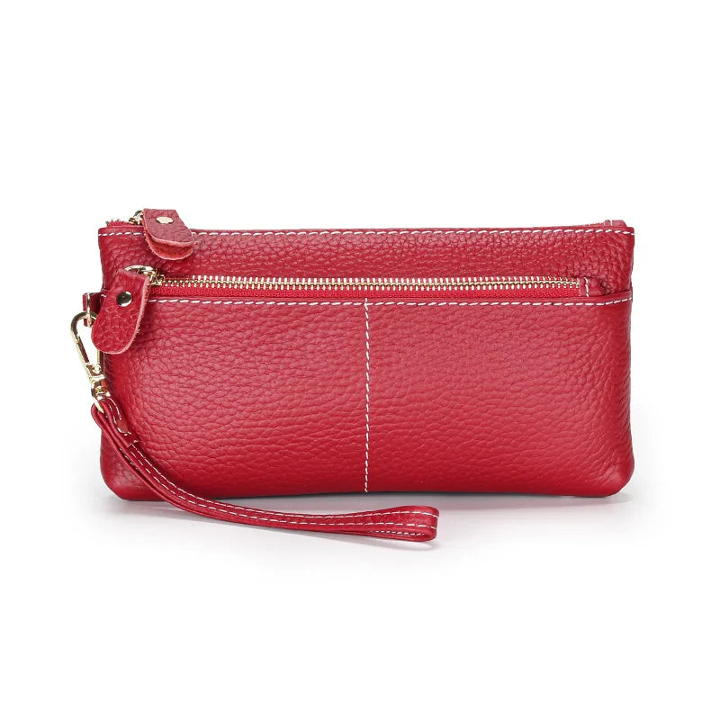 Genuine Cowhide Leather Long Wallet with Zipper Closure
