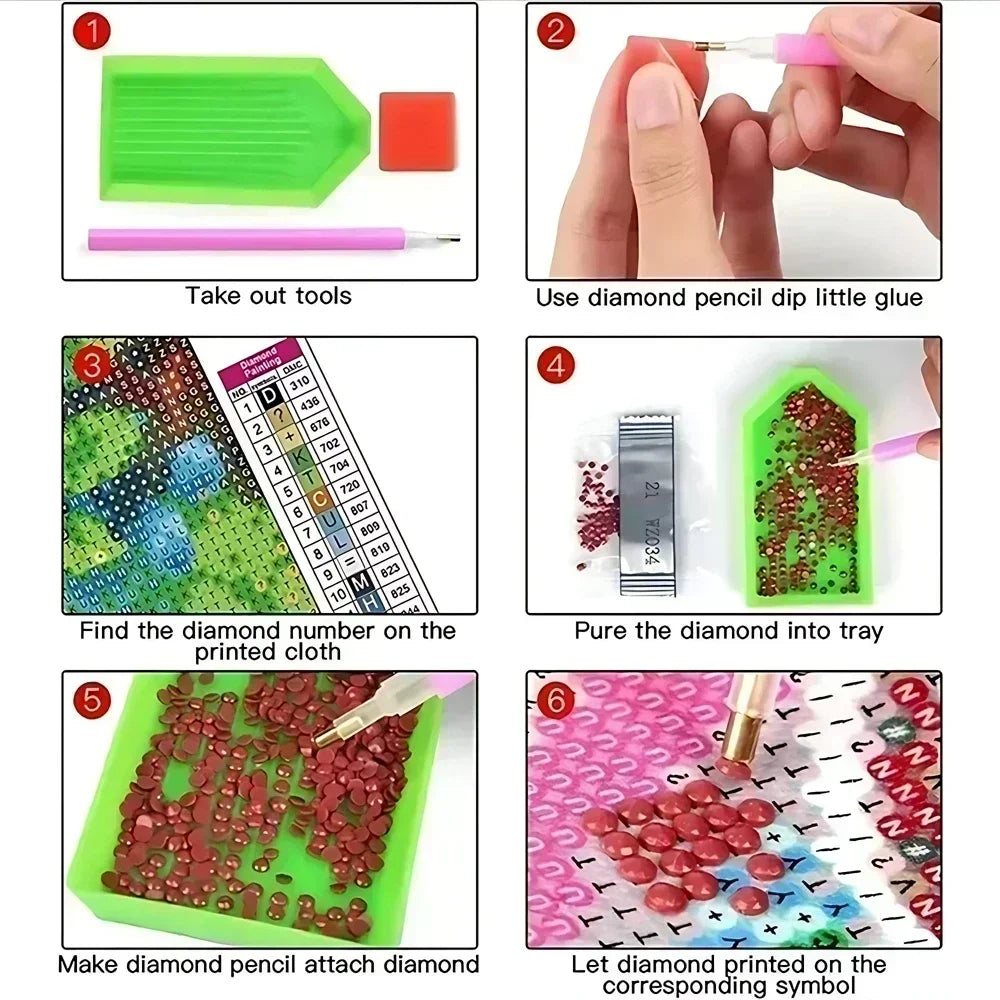 A six-step process showing how to use tools and paint to create a diamond painting on cloth.