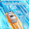An orange and silver high-speed RC boat is shown cutting through water, demonstrating a streamlined design.