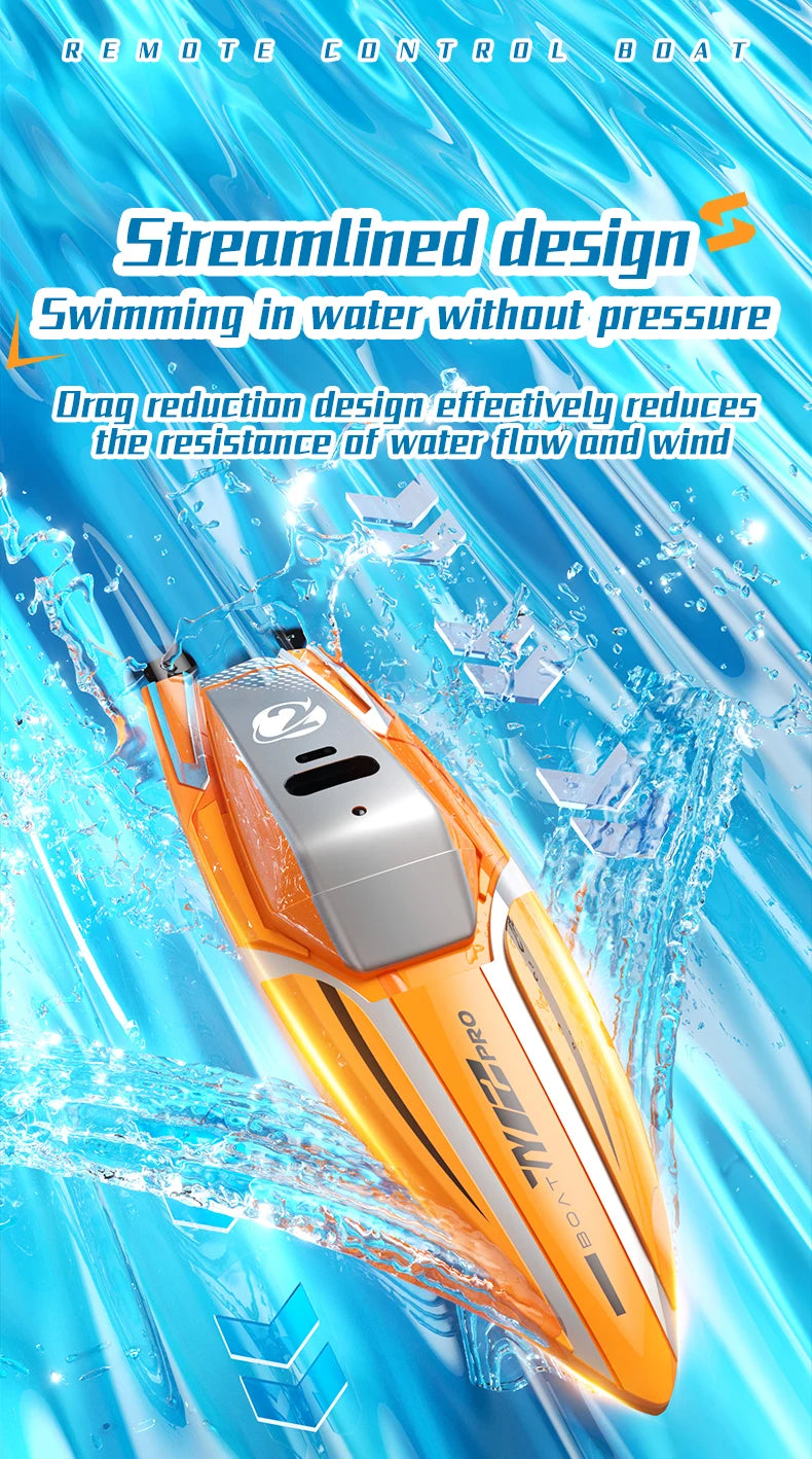 An orange and silver high-speed RC boat is shown cutting through water, demonstrating a streamlined design.
