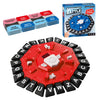 A red hexagonal game board with black letter tiles and a white digital timer is shown alongside related game supplies.