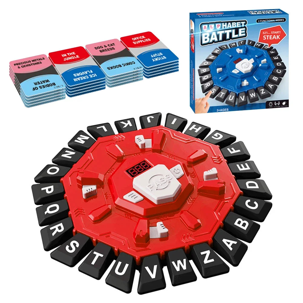 A red hexagonal game board with black letter tiles and a white digital timer is shown alongside related game supplies.