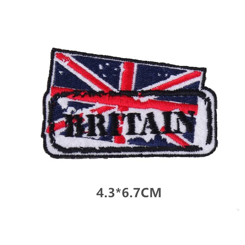 Embroidered British flag sew-on patch featuring the Union Jack design.