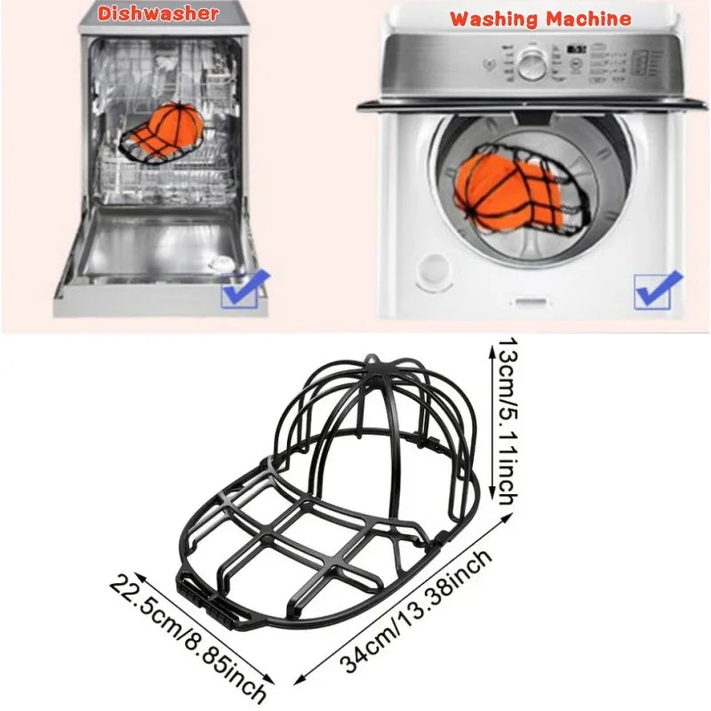 A set of three black wire washing cages designed for baseball caps, shown next to a dishwasher and a washing machine.