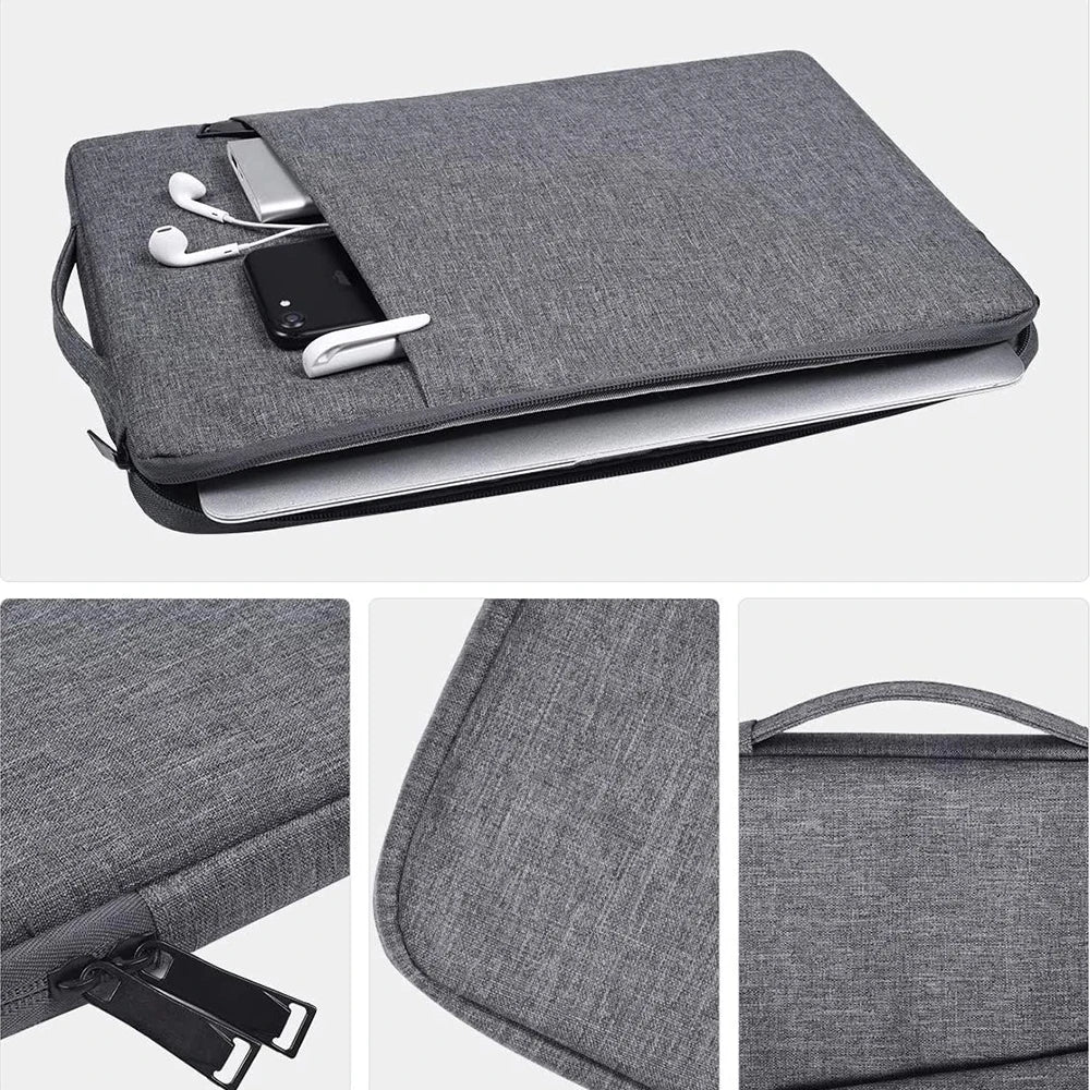 A gray waterproof laptop sleeve with a handle is shown, featuring a padded interior and multiple compartments.