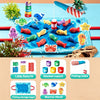 A colorful fishing game set featuring plastic fish, a fabric storage box, and a fishing rod for toddlers.