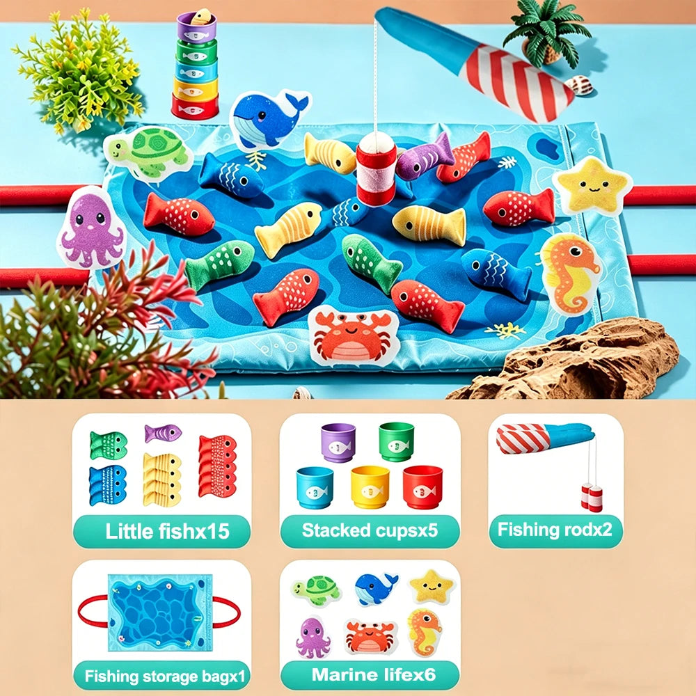 A colorful fishing game set featuring plastic fish, a fabric storage box, and a fishing rod for toddlers.
