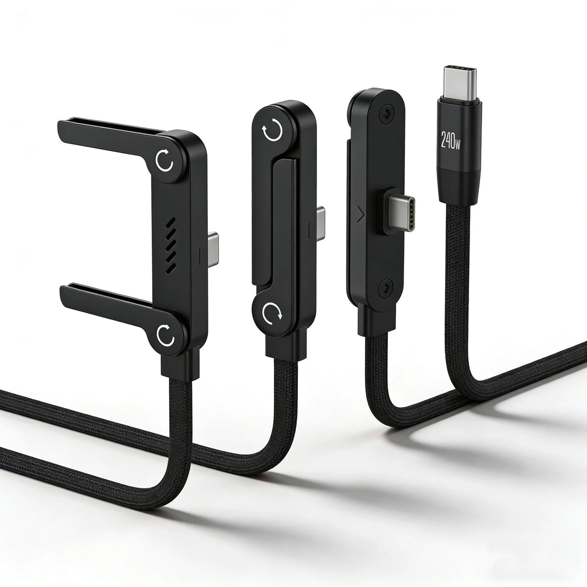 Black USB-C fast charging cable with a foldable phone stand attachment.