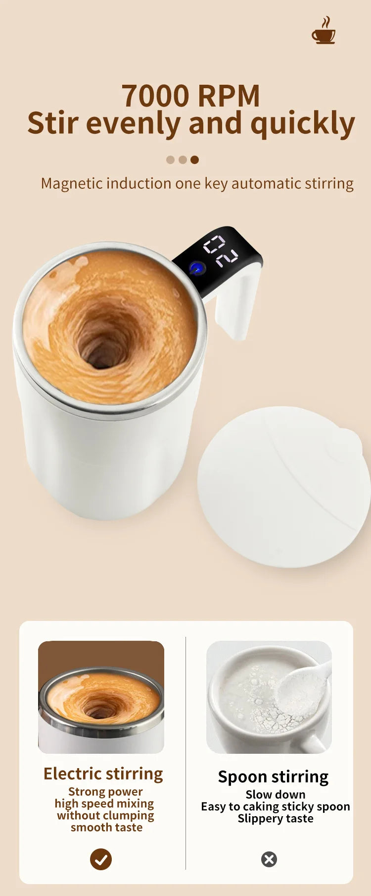 A white mug filled with coffee is shown next to a magnetic induction automatic stirring device.