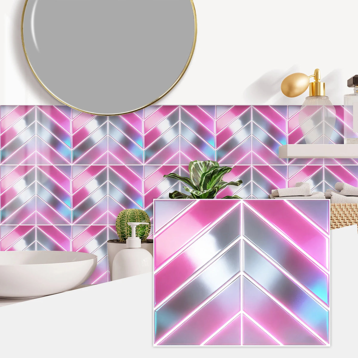 Pink and silver chevron marble peel-and-stick wall tiles with a gold light fixture and white bowl.