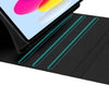 A black detachable wireless keyboard case for an iPad, showing three blue-green stylus pens resting on the surface.