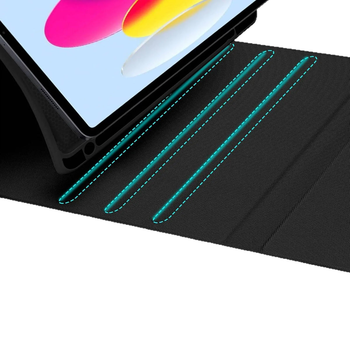 A black detachable wireless keyboard case for an iPad, showing three blue-green stylus pens resting on the surface.