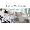 Before and after comparison showing the installation of adjustable bed sheet holder clips on a bed.