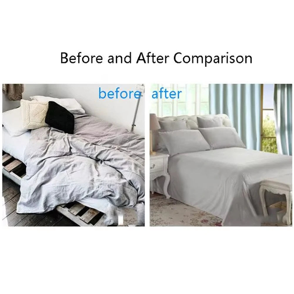 Before and after comparison showing the installation of adjustable bed sheet holder clips on a bed.
