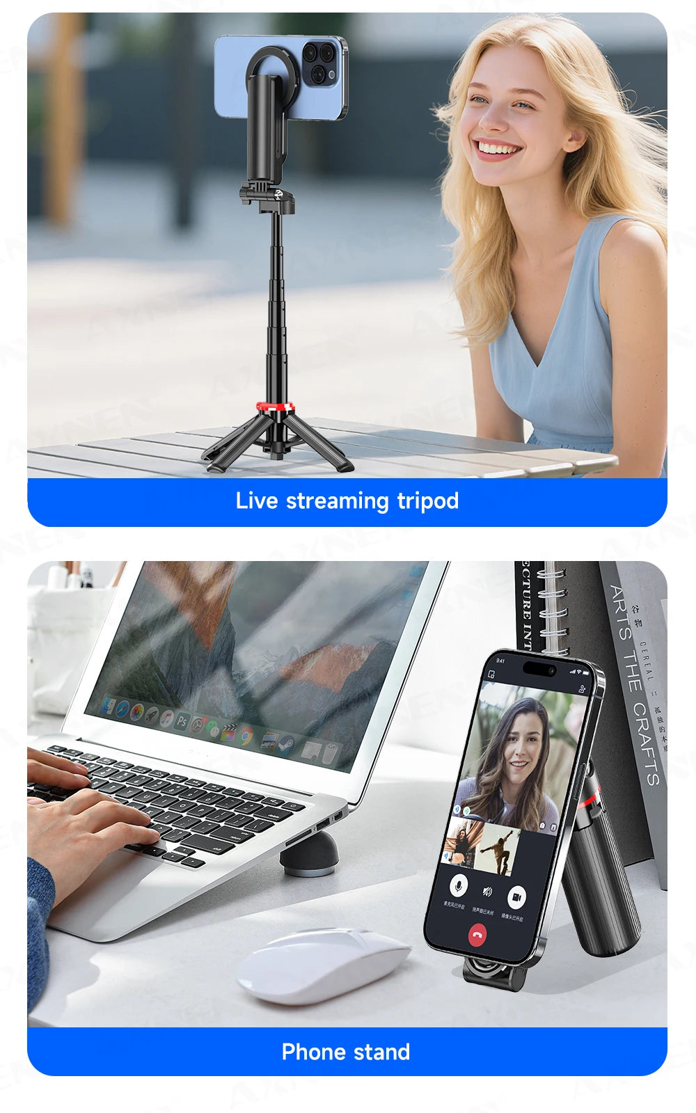 A woman smiling while using a magnetic selfie stick tripod for live streaming and a phone stand.