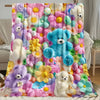 A colorful flannel throw blanket featuring various pastel-colored teddy bears and floral patterns.