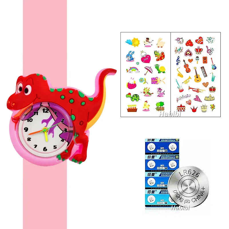 A pink dinosaur-shaped digital watch with a silicone band and a grid of colorful icons.