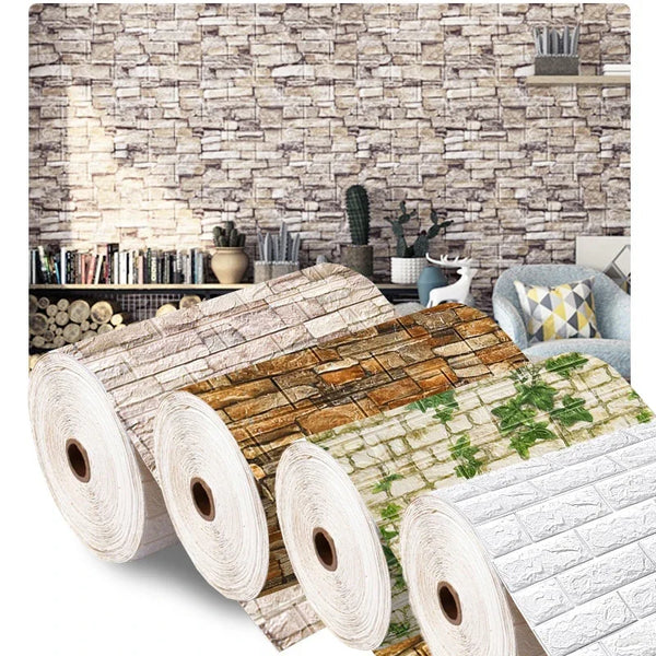 Rolls of 3D foam brick wall decals displayed against a rustic stone background.