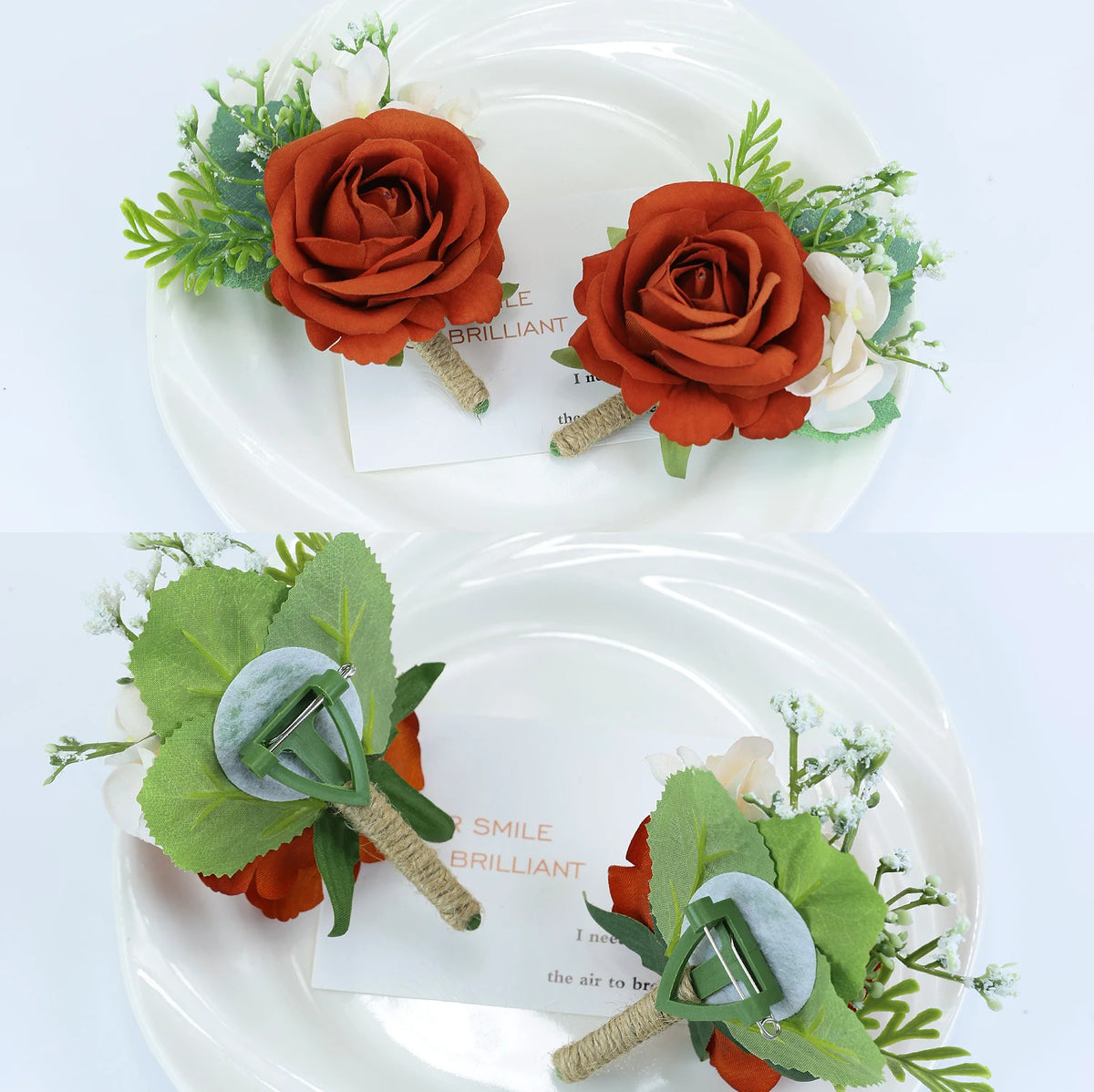 Burnt Orange Silk Boutonniere Set for Wedding Groom and Groomsmen