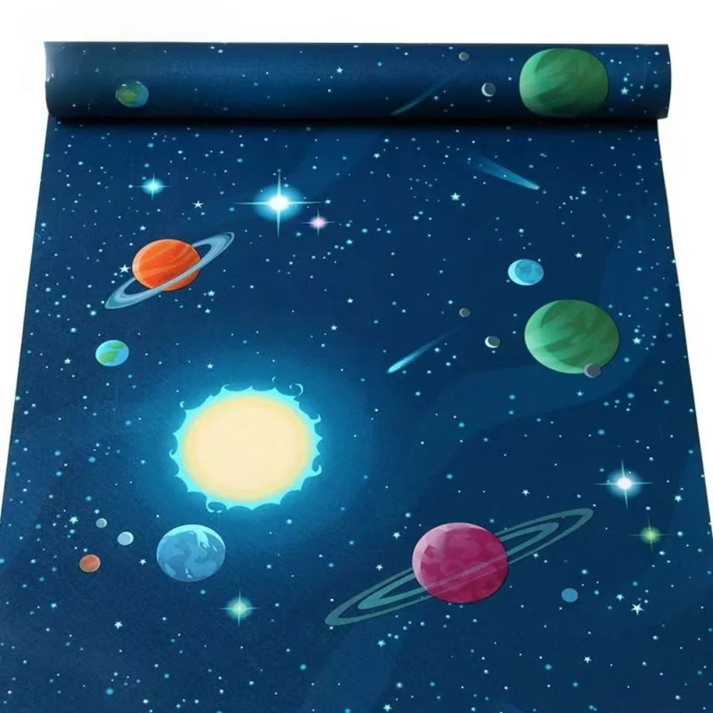 A roll of universe pattern peel-and-stick wallpaper featuring various planets and stars against a dark blue night sky.
