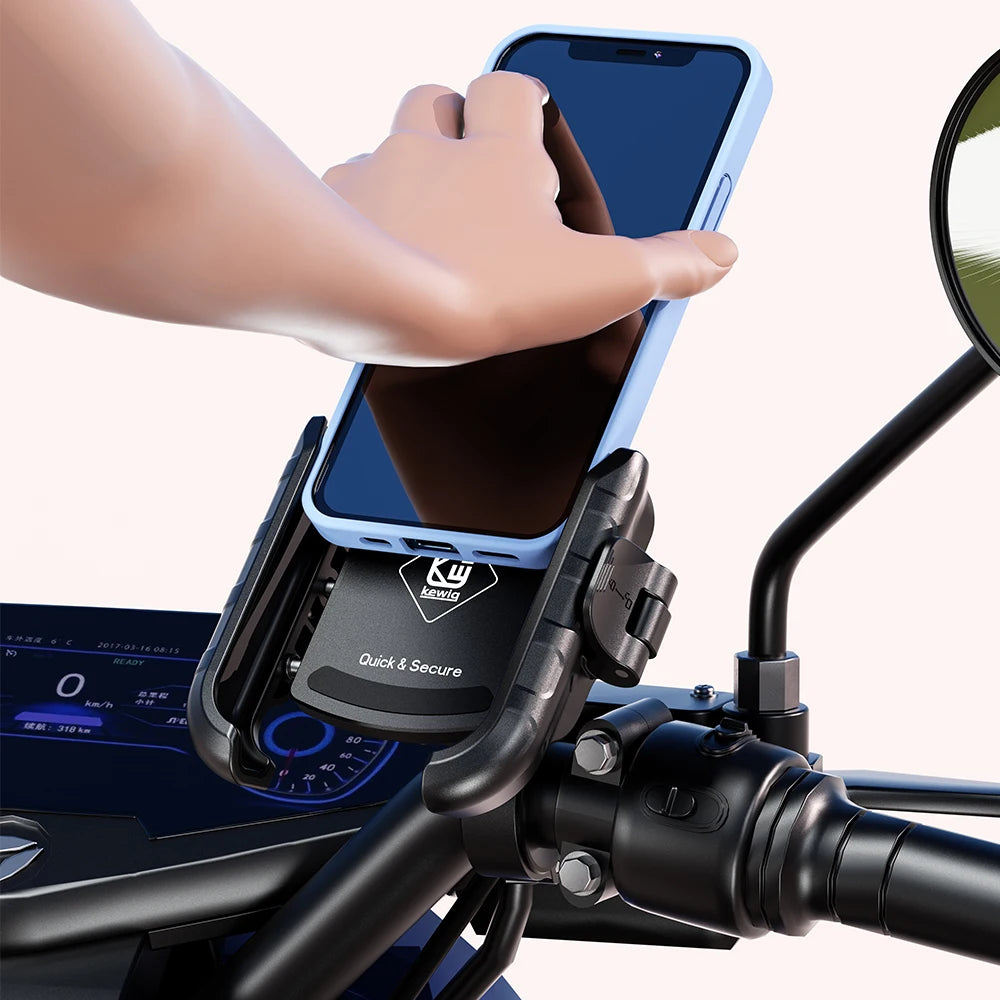 A hand holds a smartphone attached to a black quick-release mount designed for motorcycle or bike use.