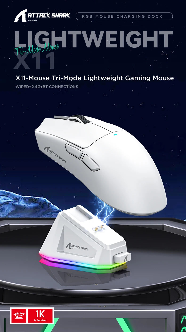 A white Attack Shark X11 lightweight gaming mouse is shown next to its RGB charging dock.