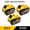 Three yellow and black high-capacity lithium ion batteries labeled 9.0Ah 20V/60V for power tools