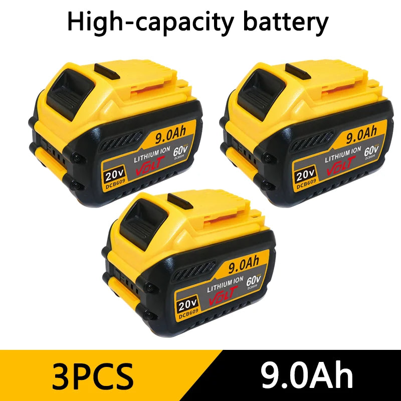 Three yellow and black high-capacity lithium ion batteries labeled 9.0Ah 20V/60V for power tools