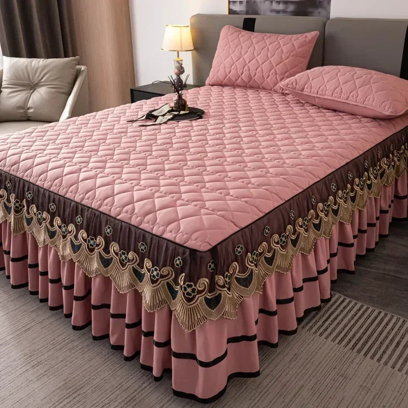 Gold Embroidered Lace Bed Skirt with Heart Pattern